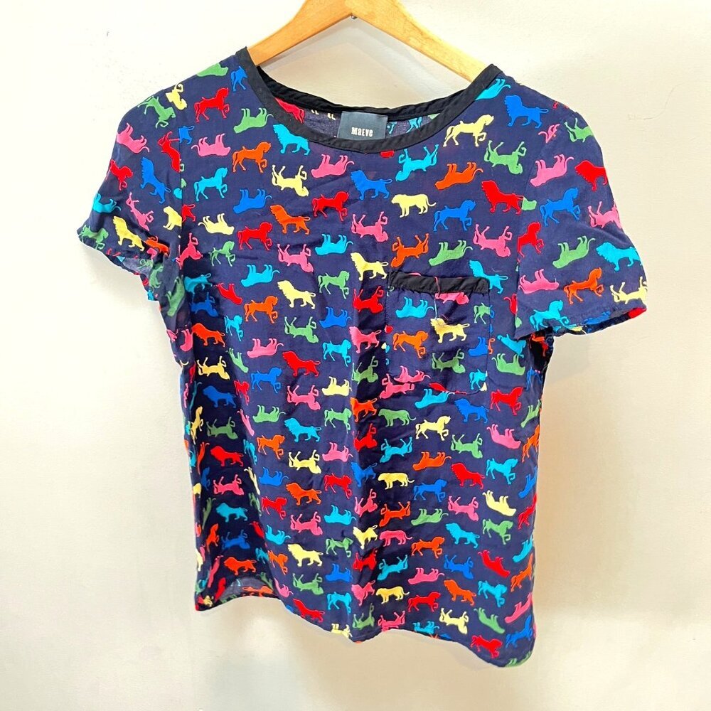Maeve Womens Bright‎ Multicolor Horse and Lion Print Short Sleeve Rayon Top Size